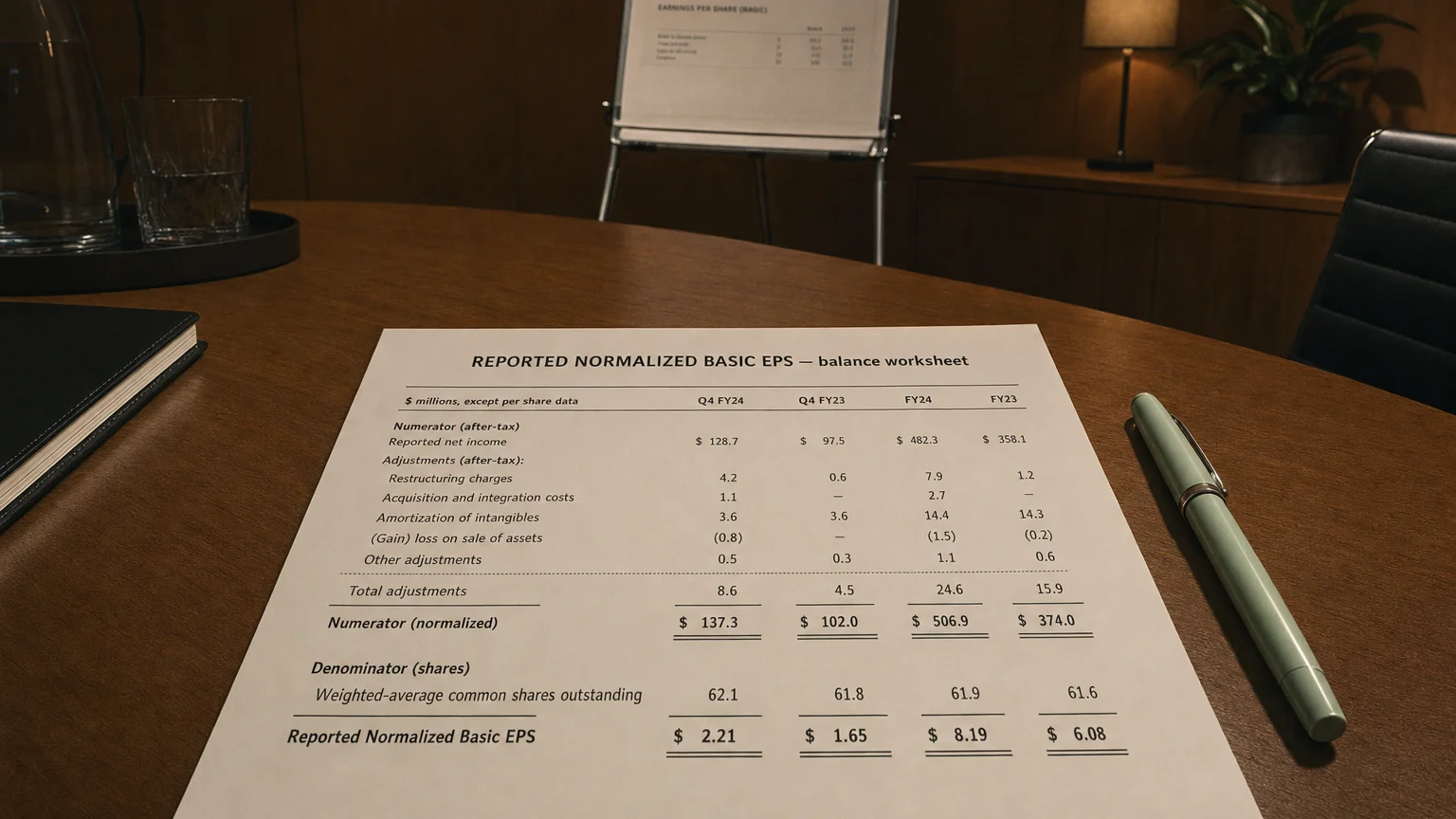 Accounting worksheet showing reported normalized basic eps line items with neat column totals and a fountain pen.