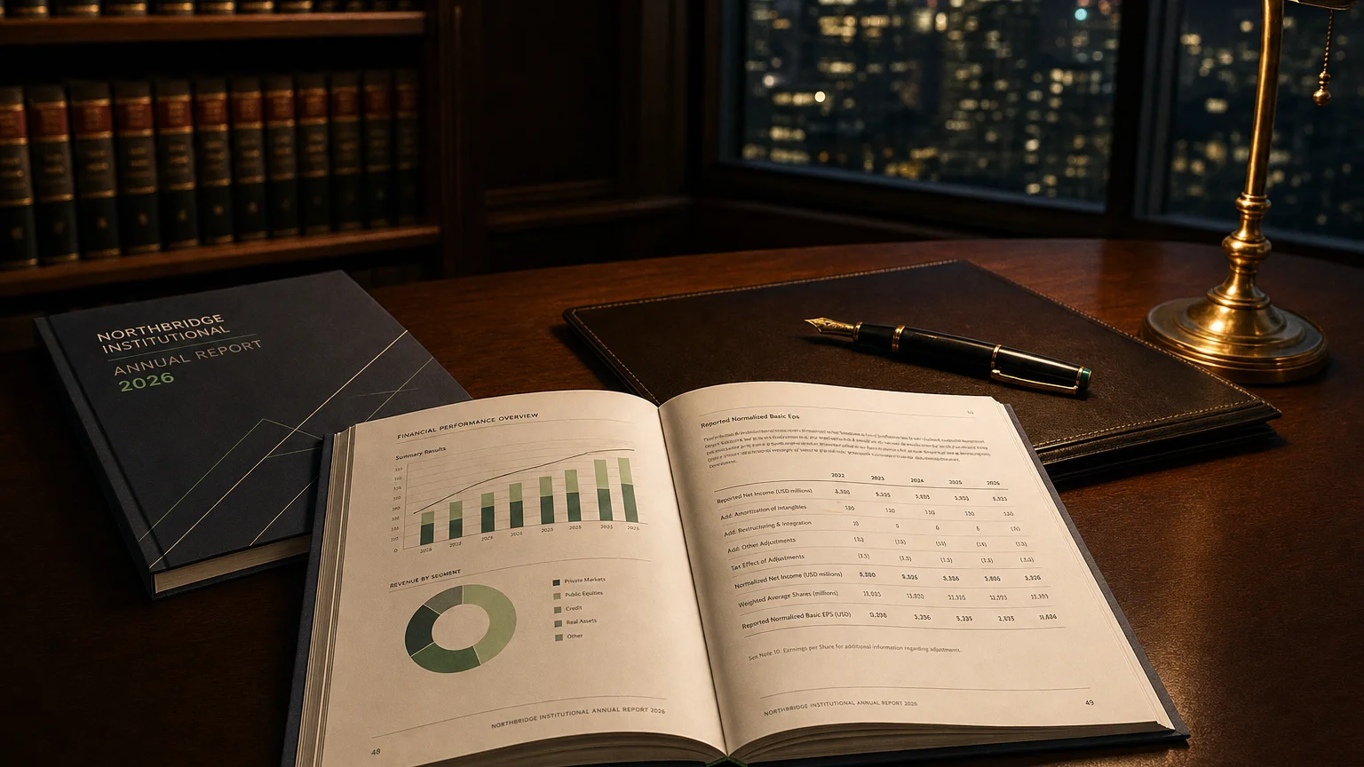 Corporate ledger or annual-report booklet open to the reported normalized basic eps chapter on a wooden desk.