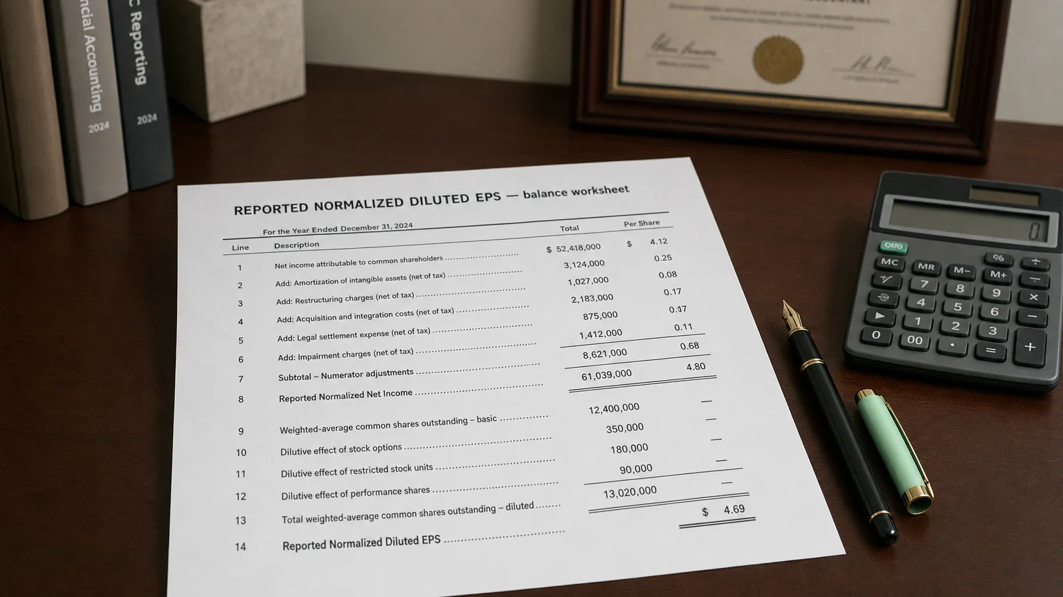 Accounting worksheet showing reported normalized diluted eps line items with neat column totals and a fountain pen.