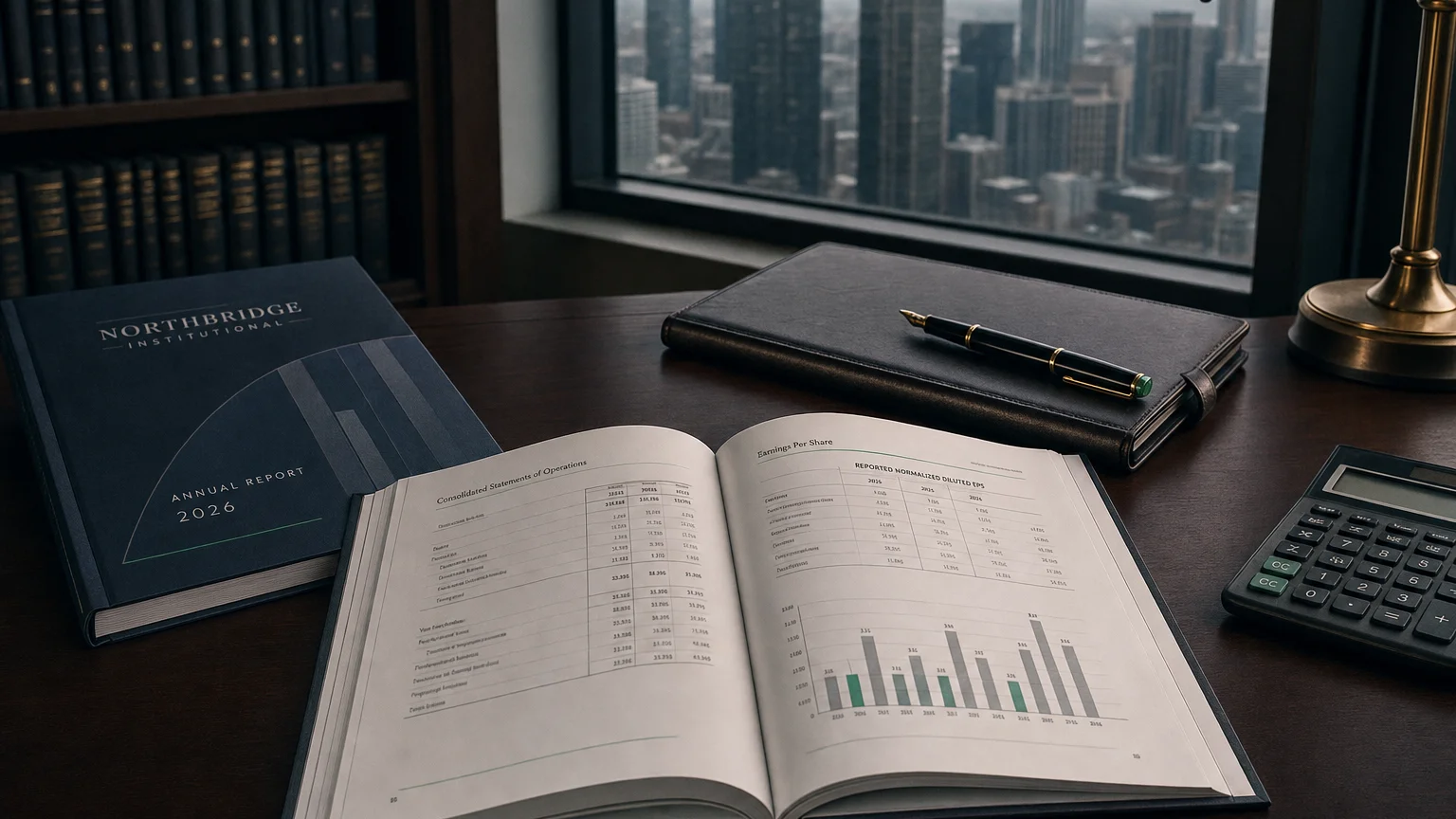 Corporate ledger or annual-report booklet open to the reported normalized diluted eps chapter on a wooden desk.