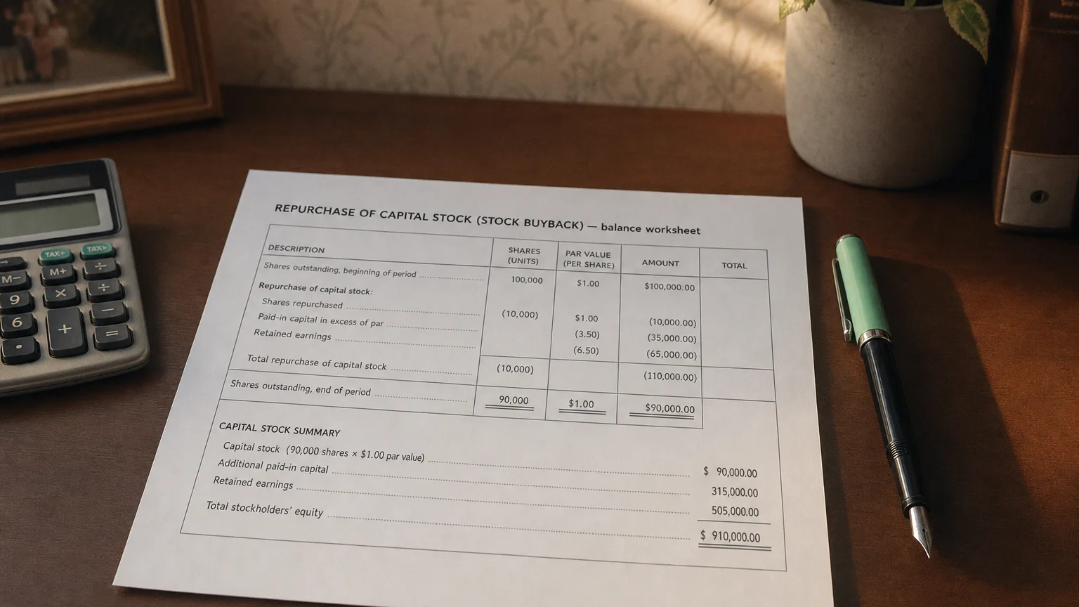Accounting worksheet showing repurchase of capital stock (stock buyback) line items with neat column totals and a fountain pen.
