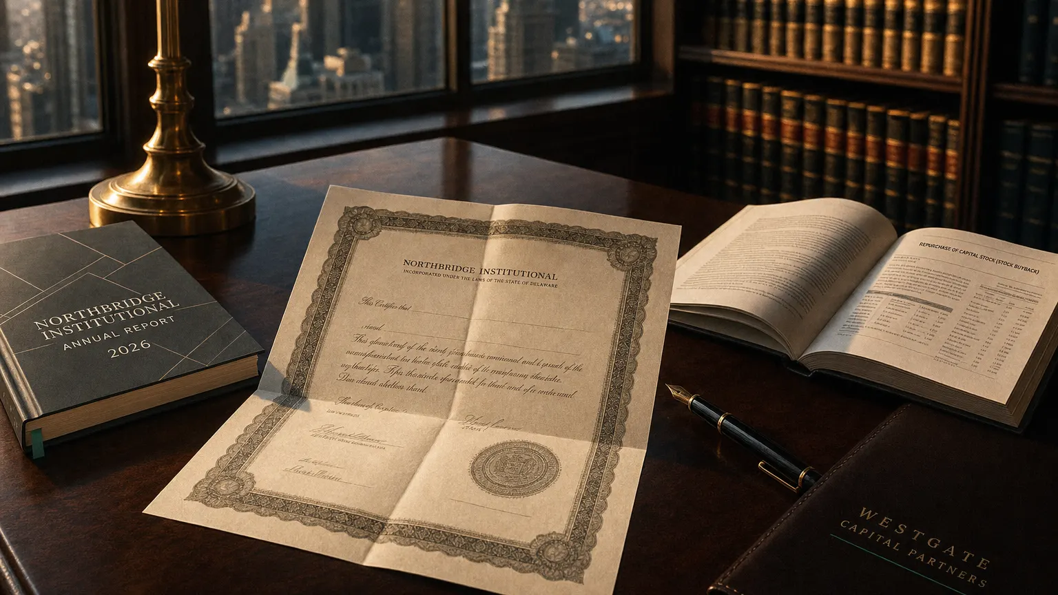 Corporate ledger or annual-report booklet open to the repurchase of capital stock (stock buyback) chapter on a wooden desk.