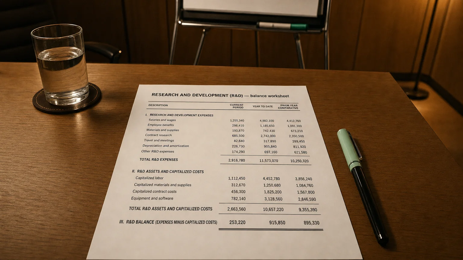 Accounting worksheet showing research and development (r&d) line items with neat column totals and a fountain pen.