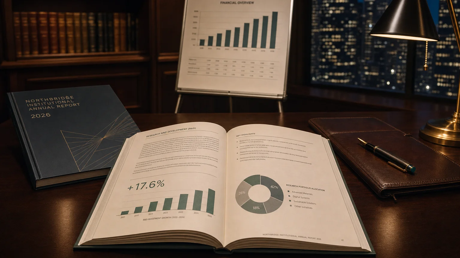 Corporate ledger or annual-report booklet open to the research and development (r&d) chapter on a wooden desk.