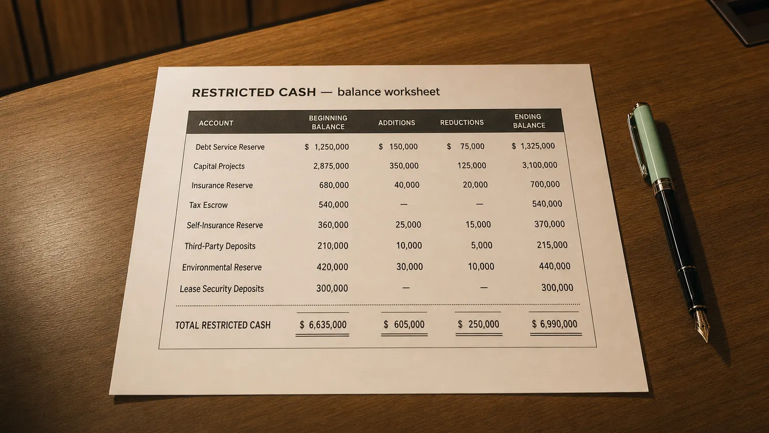 Accounting worksheet showing restricted cash line items with neat column totals and a fountain pen.