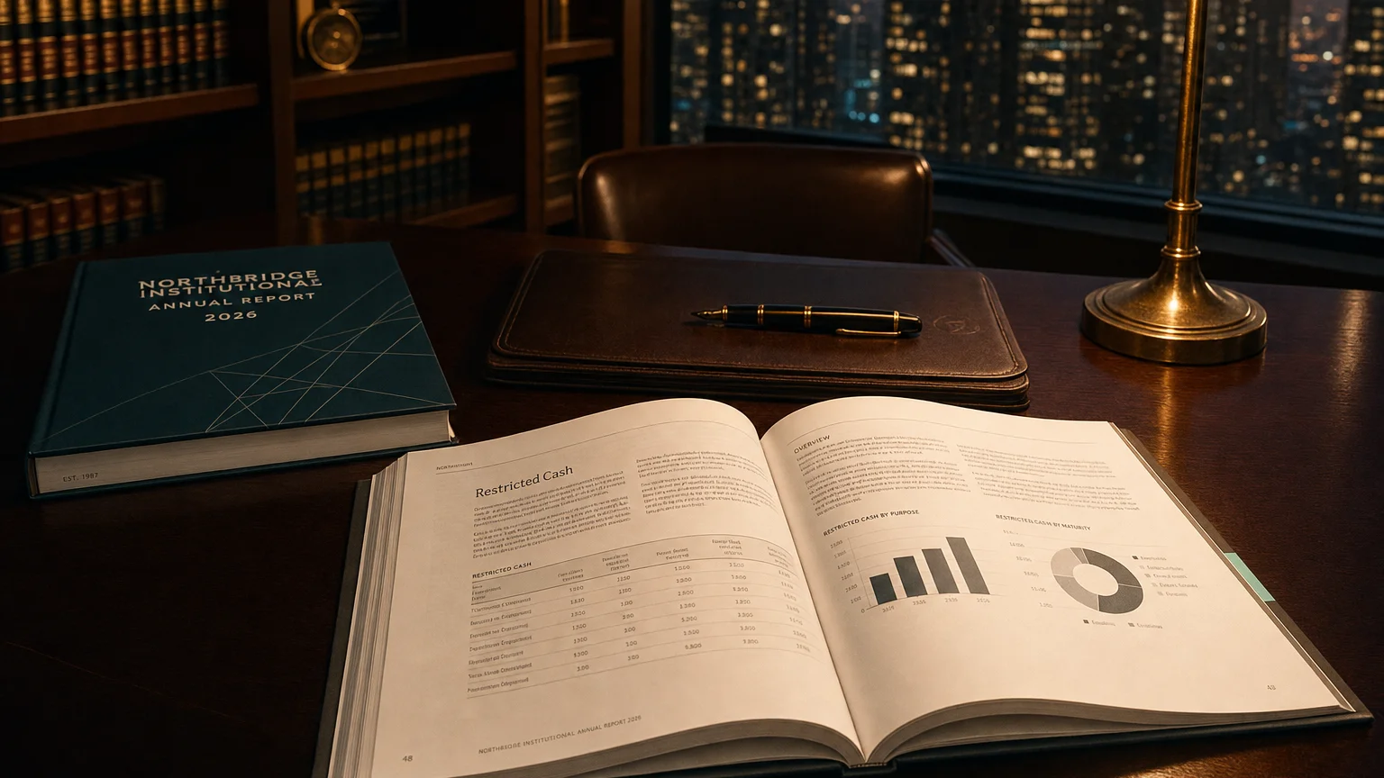 Corporate ledger or annual-report booklet open to the restricted cash chapter on a wooden desk.
