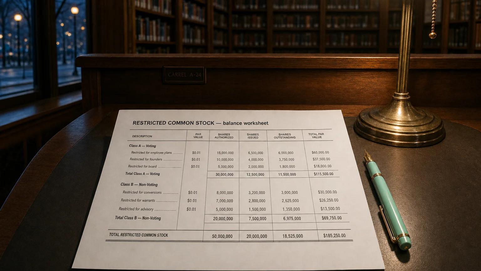 Accounting worksheet showing restricted common stock line items with neat column totals and a fountain pen.