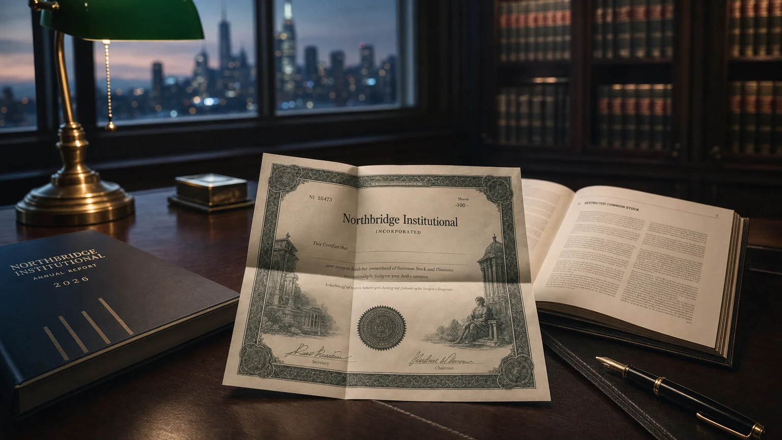 Corporate ledger or annual-report booklet open to the restricted common stock chapter on a wooden desk.