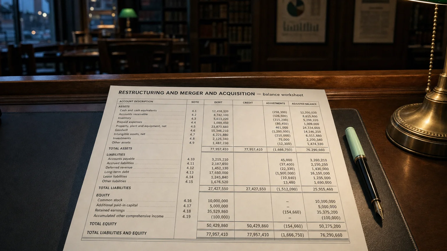 Accounting worksheet showing restructuring and merger and acquisition line items with neat column totals and a fountain pen.