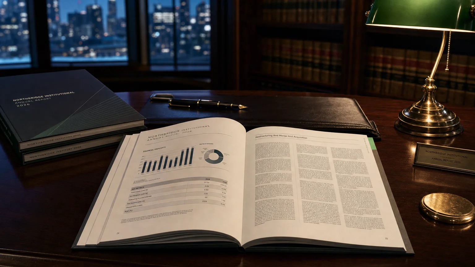 Corporate ledger or annual-report booklet open to the restructuring and merger and acquisition chapter on a wooden desk.