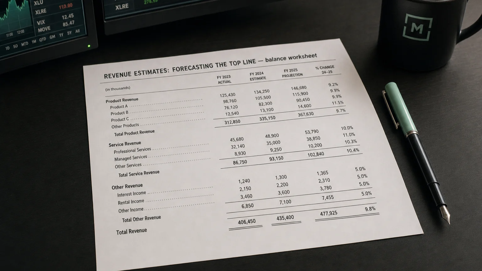 Accounting worksheet showing revenue estimates: forecasting the top line line items with neat column totals and a fountain pen.
