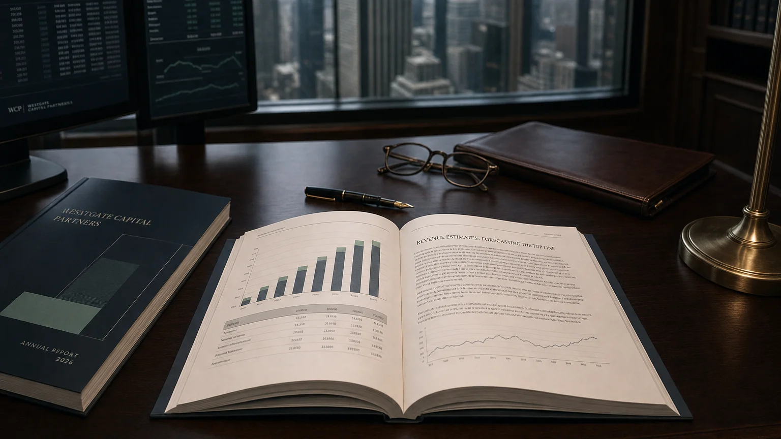 Corporate ledger or annual-report booklet open to the revenue estimates: forecasting the top line chapter on a wooden desk.