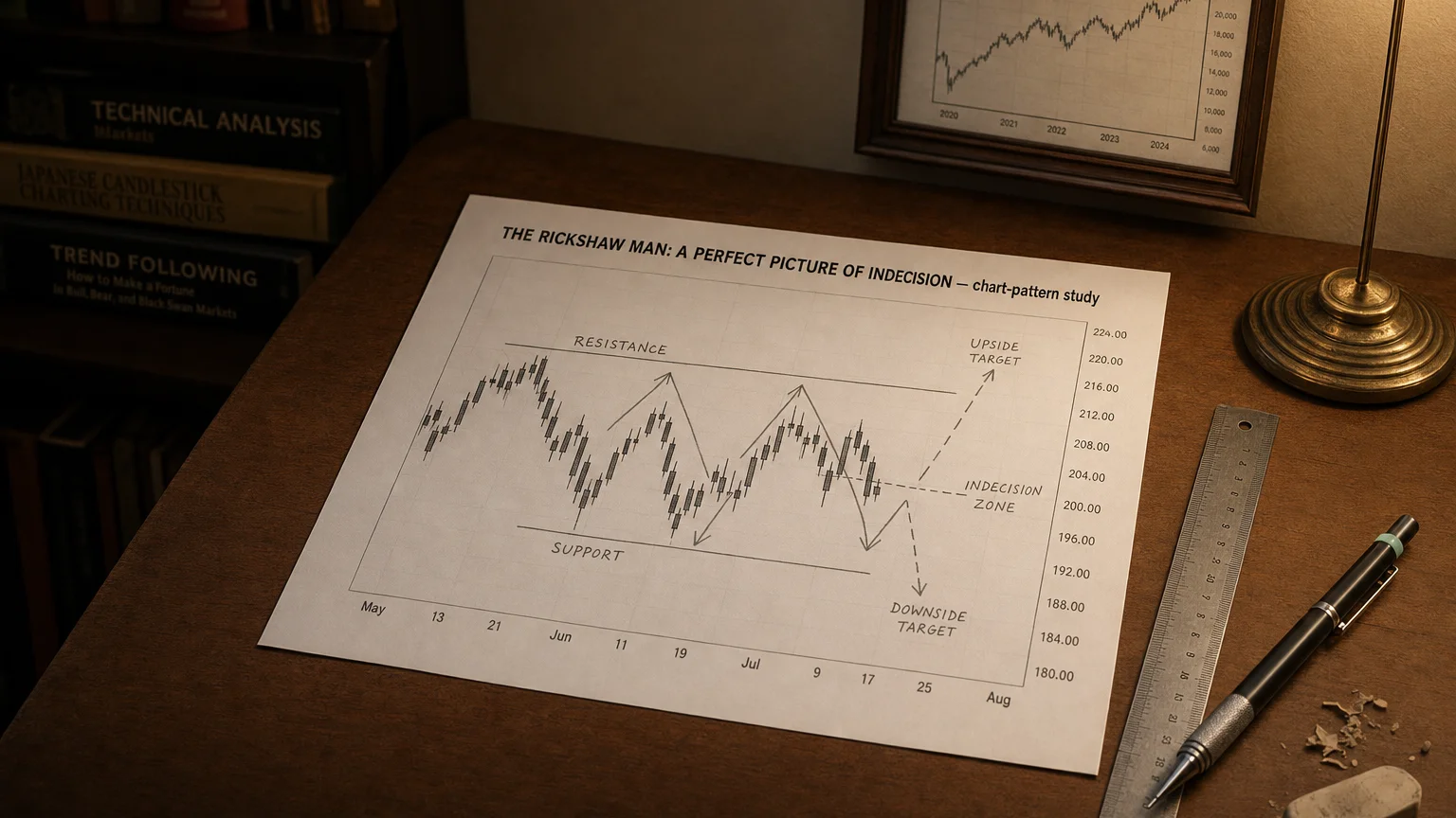 Printed candlestick chart annotated with hand-drawn the rickshaw man: a perfect picture of indecision pattern markers on an analyst desk.