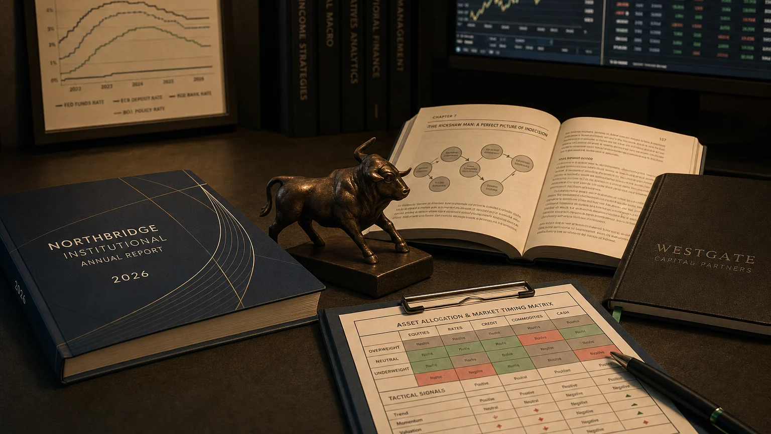 Trading-desk artifact representing the rickshaw man: a perfect picture of indecision — textbook page and bull-or-bear desk sculpture.