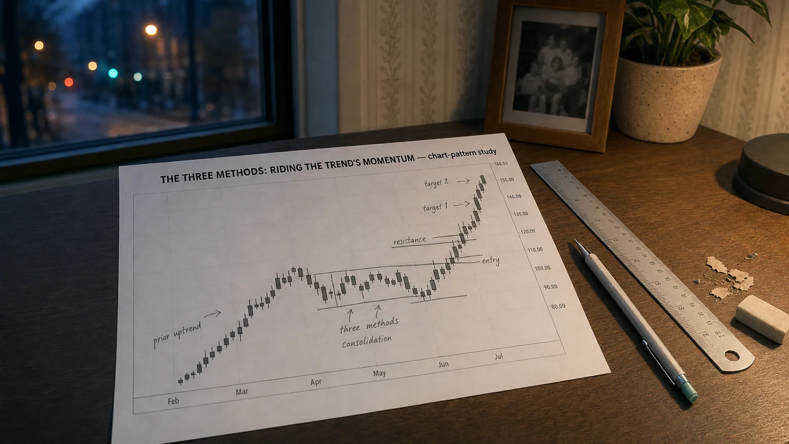 Printed candlestick chart annotated with hand-drawn the three methods: riding the trend's momentum pattern markers on an analyst desk.