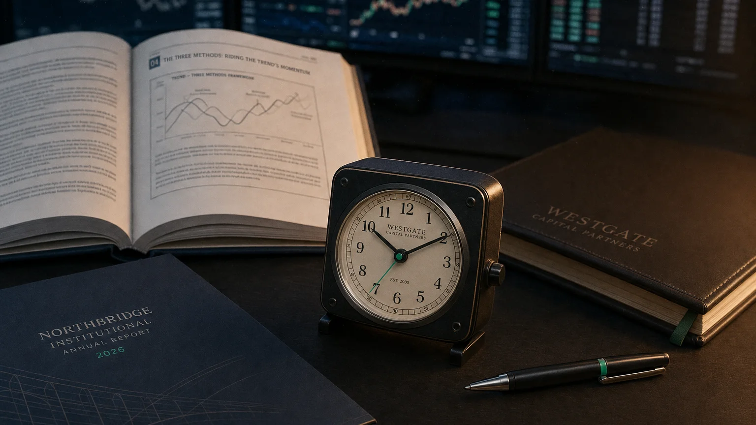 Trading-desk artifact representing the three methods: riding the trend's momentum — textbook page and bull-or-bear desk sculpture.