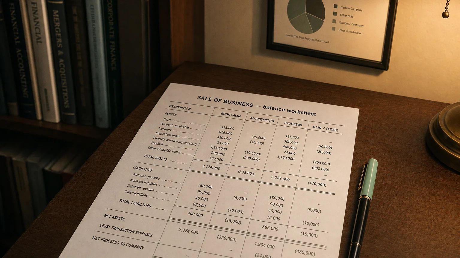 Accounting worksheet showing sale of business line items with neat column totals and a fountain pen.