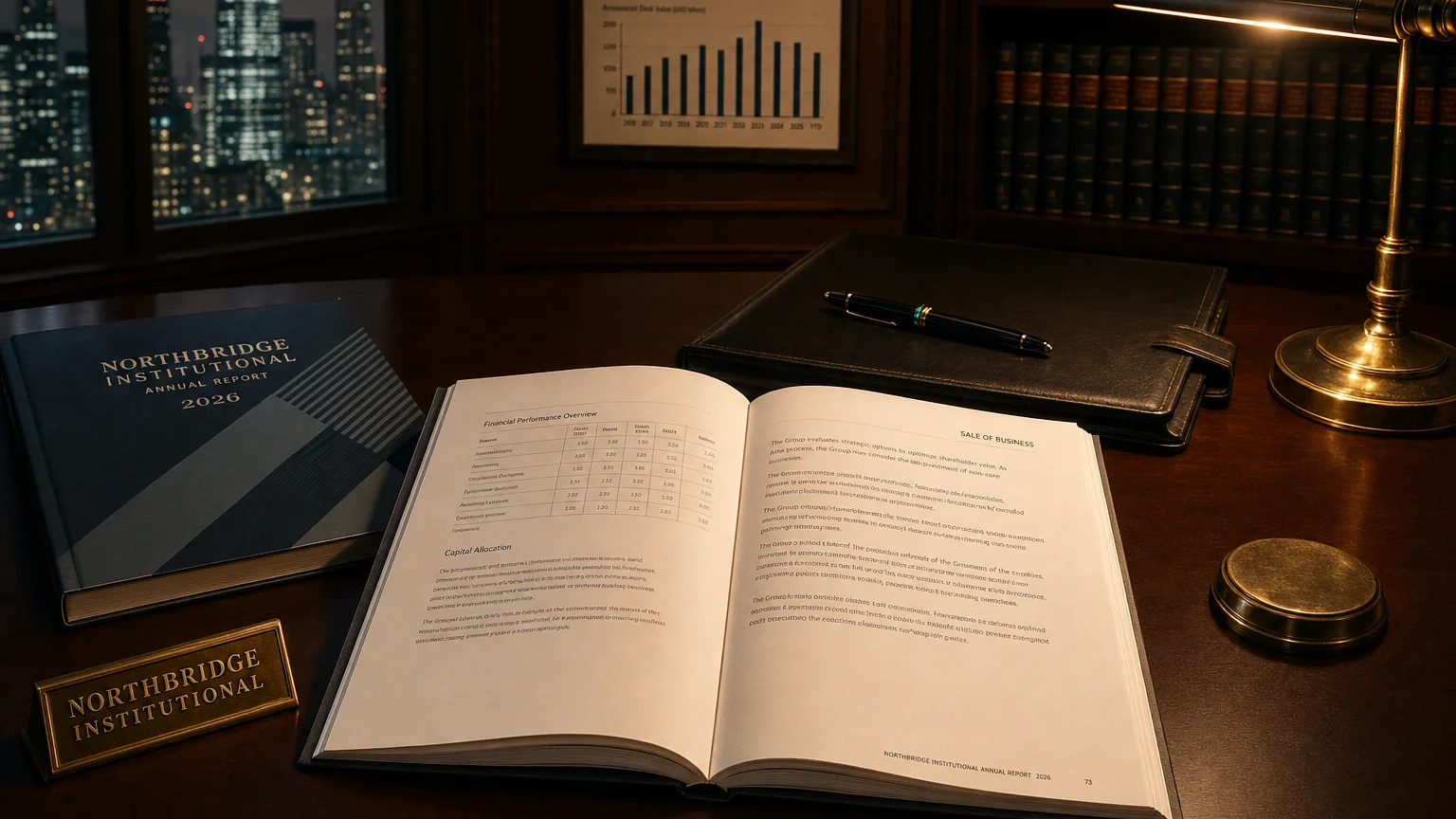 Corporate ledger or annual-report booklet open to the sale of business chapter on a wooden desk.