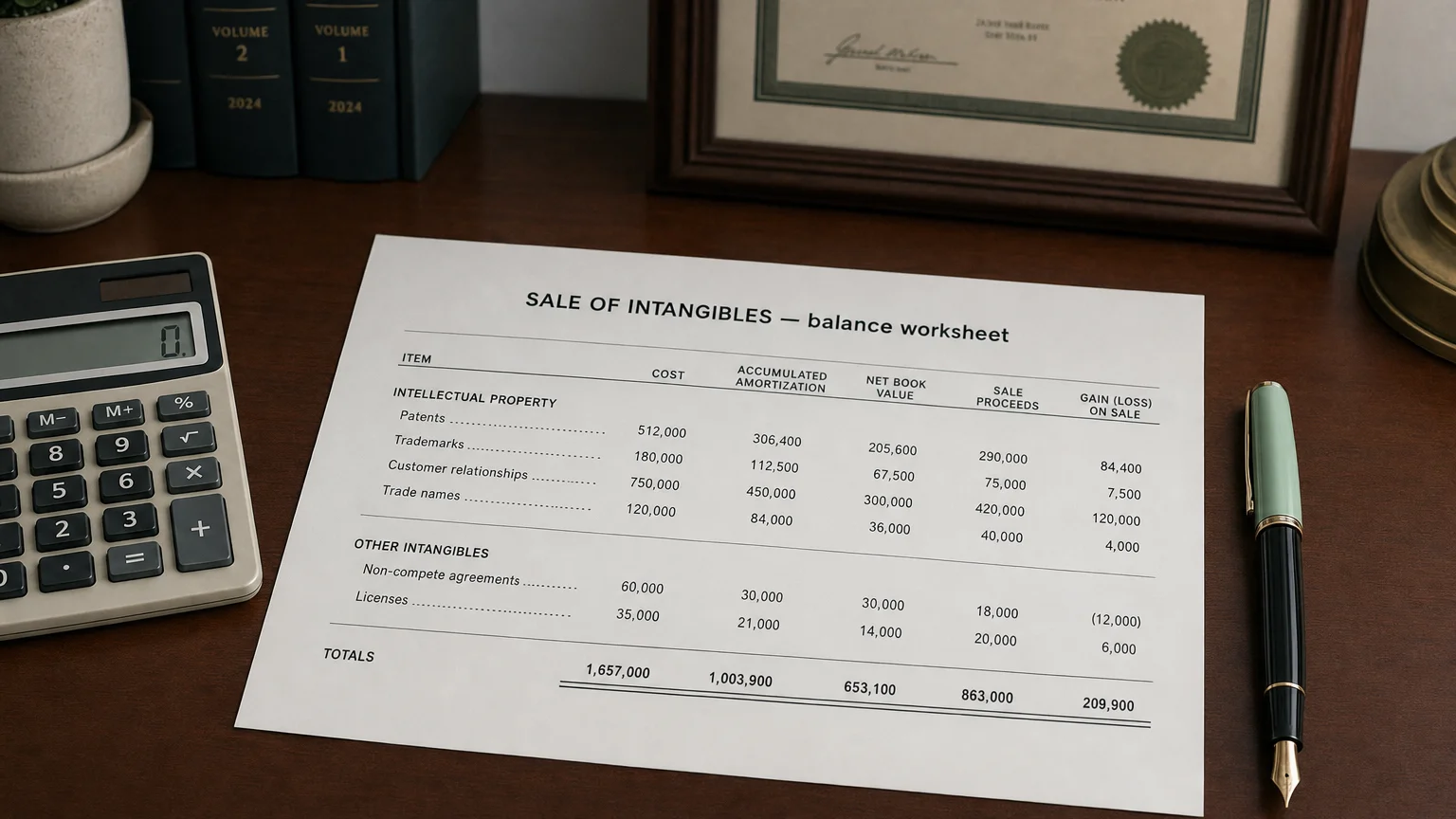 Accounting worksheet showing sale of intangibles line items with neat column totals and a fountain pen.