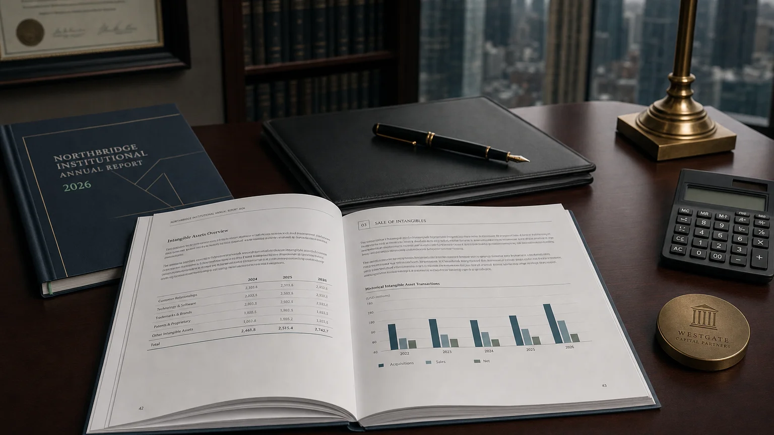 Corporate ledger or annual-report booklet open to the sale of intangibles chapter on a wooden desk.