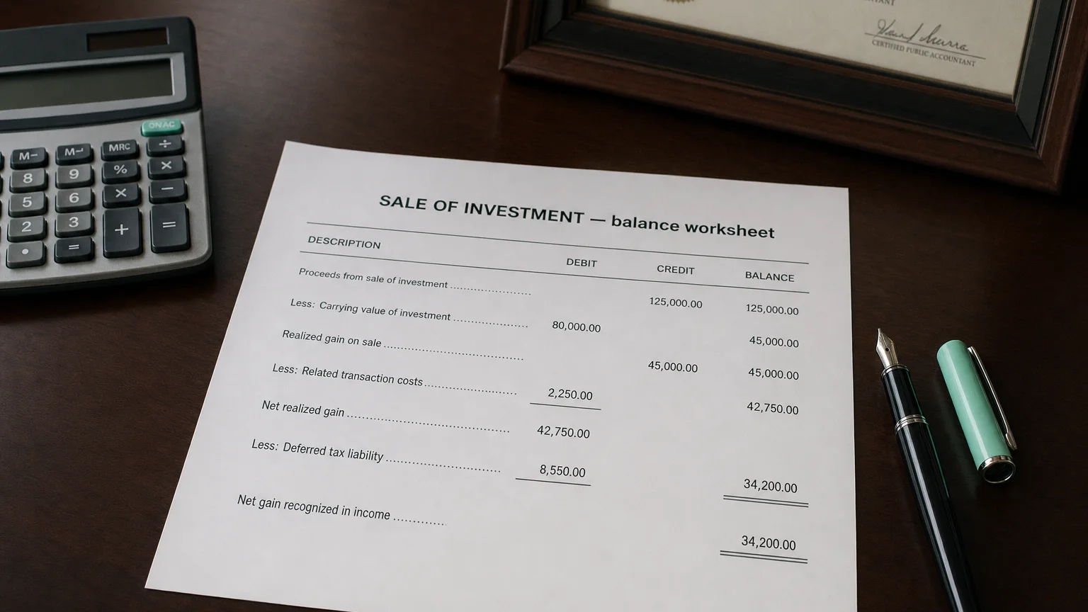 Accounting worksheet showing sale of investment line items with neat column totals and a fountain pen.