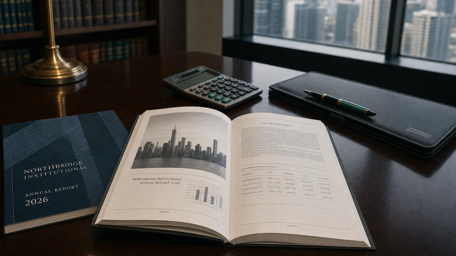 Corporate ledger or annual-report booklet open to the sale of investment chapter on a wooden desk.