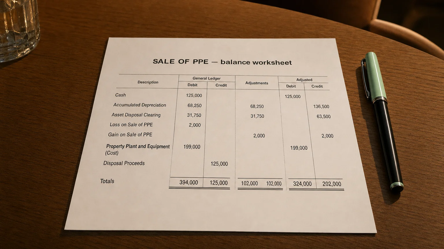 Accounting worksheet showing sale of ppe line items with neat column totals and a fountain pen.
