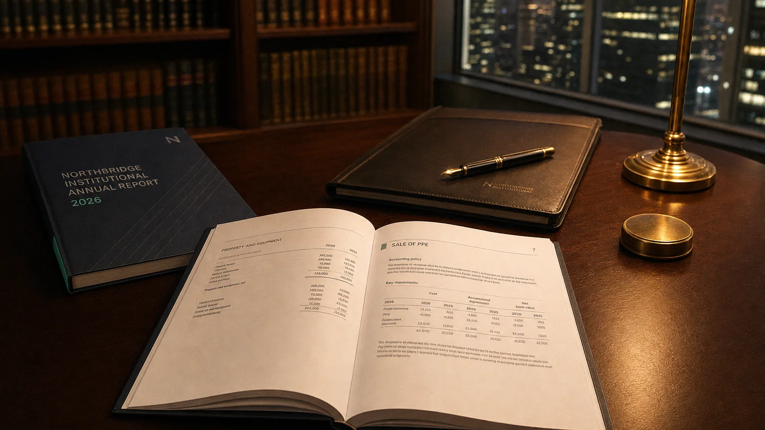 Corporate ledger or annual-report booklet open to the sale of ppe chapter on a wooden desk.