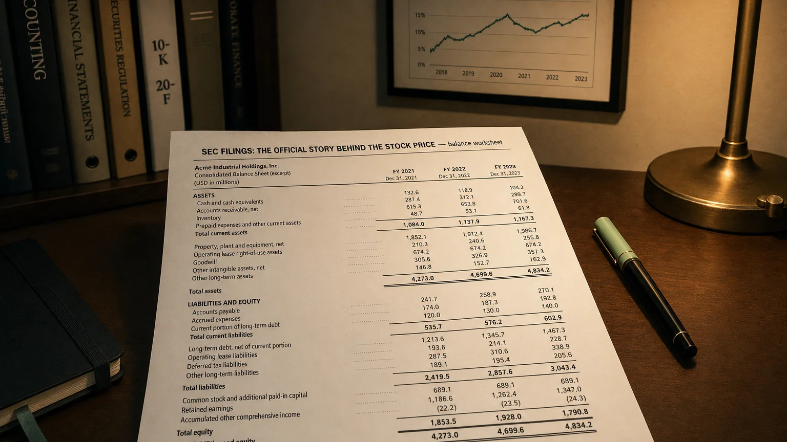 Accounting worksheet showing sec filings: the official story behind the stock price line items with neat column totals and a fountain pen.