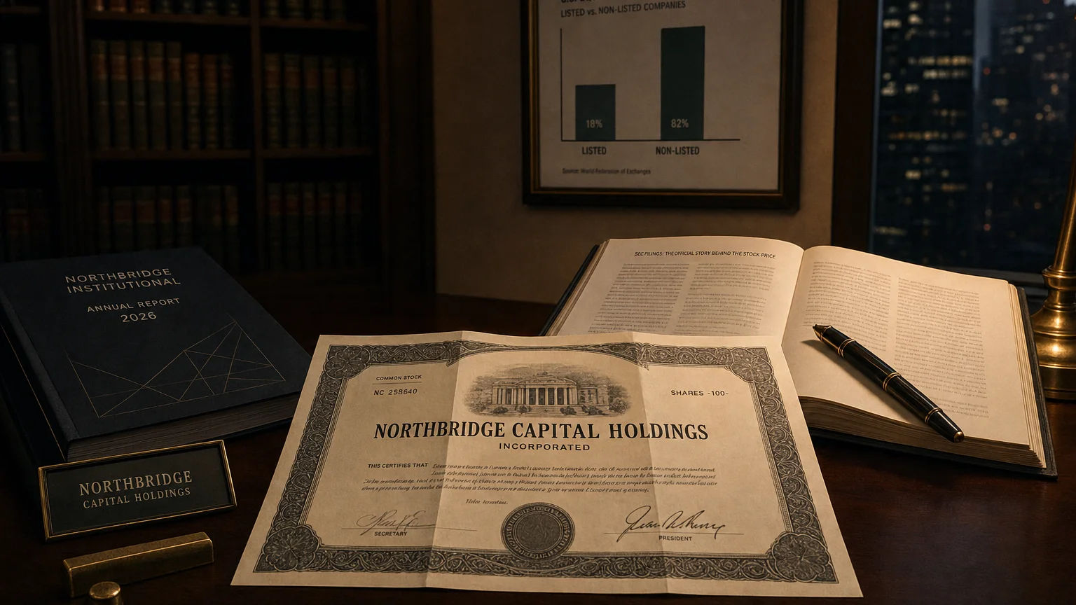 Corporate ledger or annual-report booklet open to the sec filings: the official story behind the stock price chapter on a wooden desk.