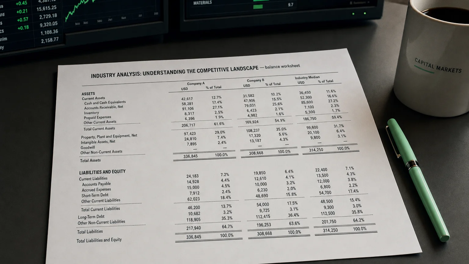 Accounting worksheet showing industry analysis: understanding the competitive landsc line items with neat column totals and a fountain pen.