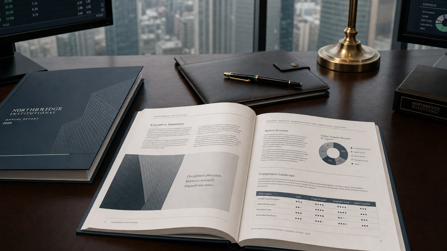 Corporate ledger or annual-report booklet open to the industry analysis: understanding the competitive landsc chapter on a wooden desk.