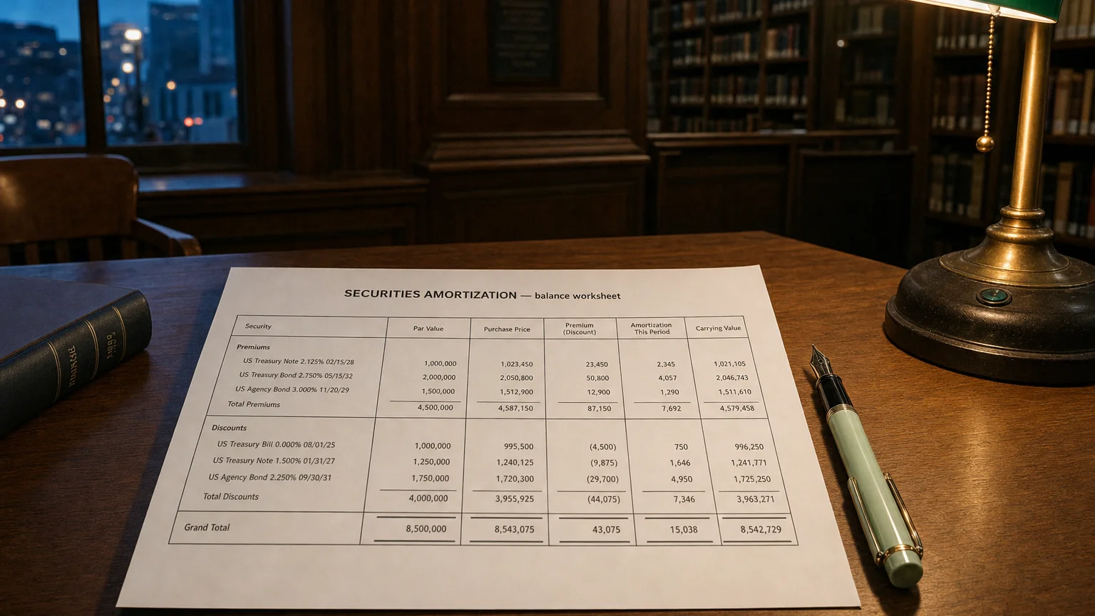 Accounting worksheet showing securities amortization line items with neat column totals and a fountain pen.