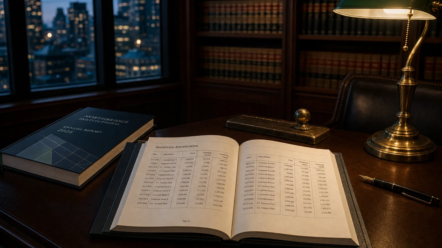 Corporate ledger or annual-report booklet open to the securities amortization chapter on a wooden desk.