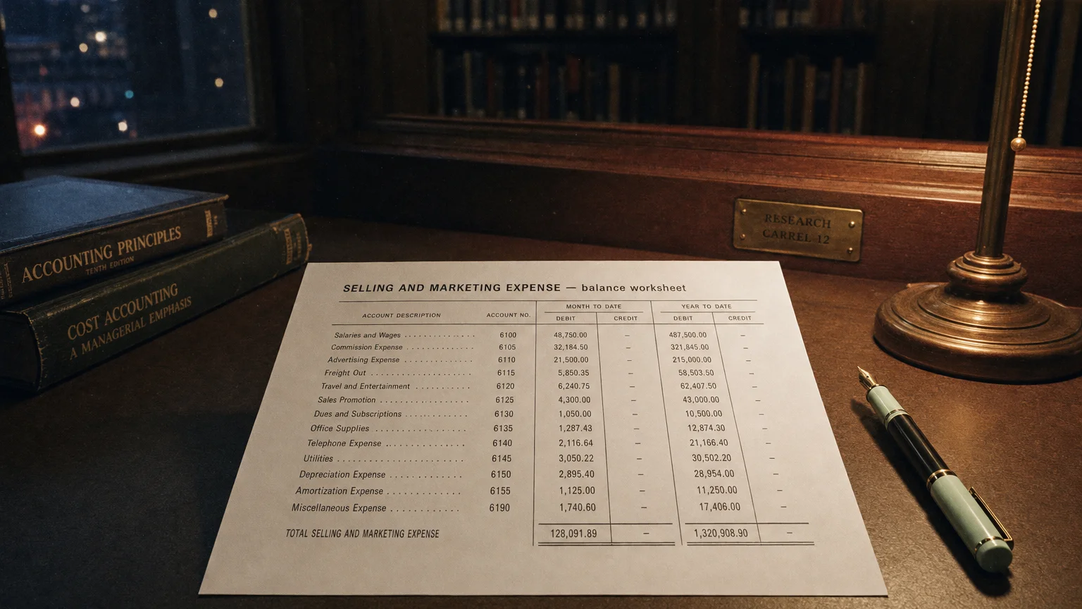 Accounting worksheet showing selling and marketing expense line items with neat column totals and a fountain pen.