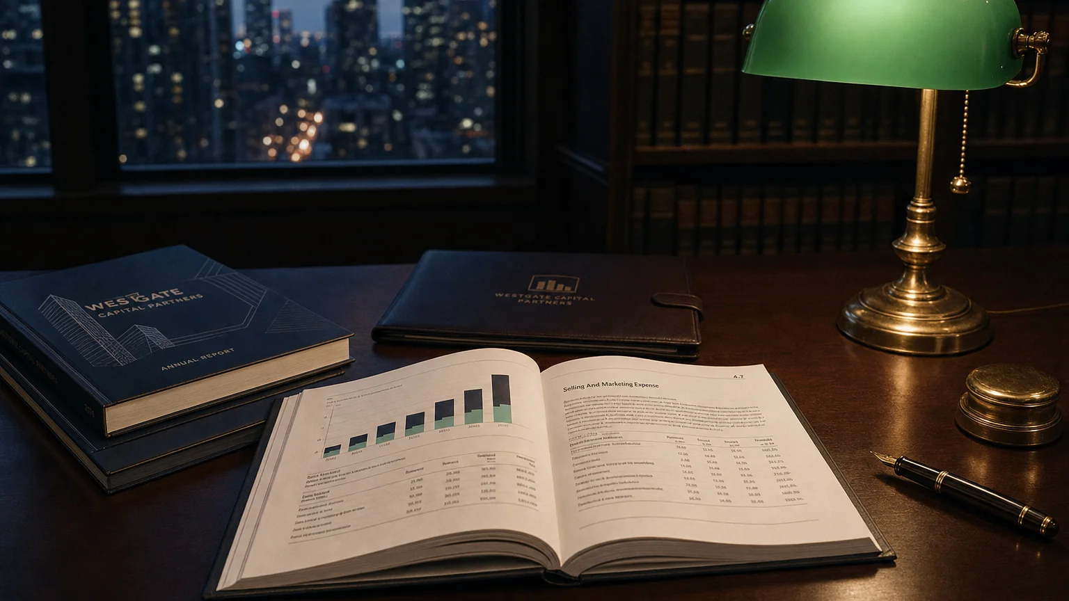 Corporate ledger or annual-report booklet open to the selling and marketing expense chapter on a wooden desk.