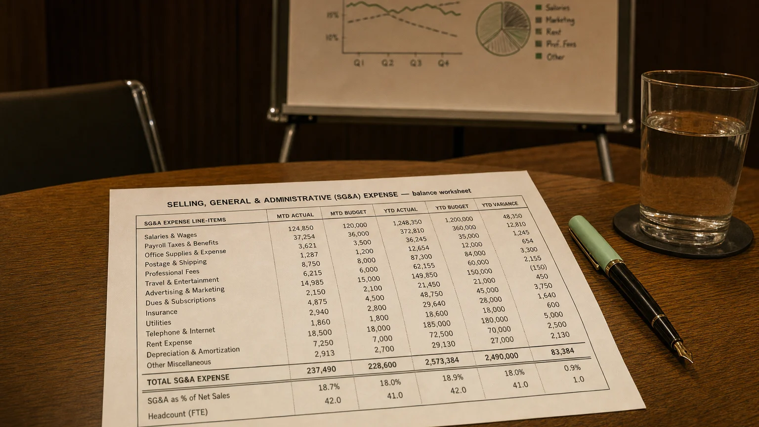 Accounting worksheet showing selling, general & administrative (sg&a) expense line items with neat column totals and a fountain pen.