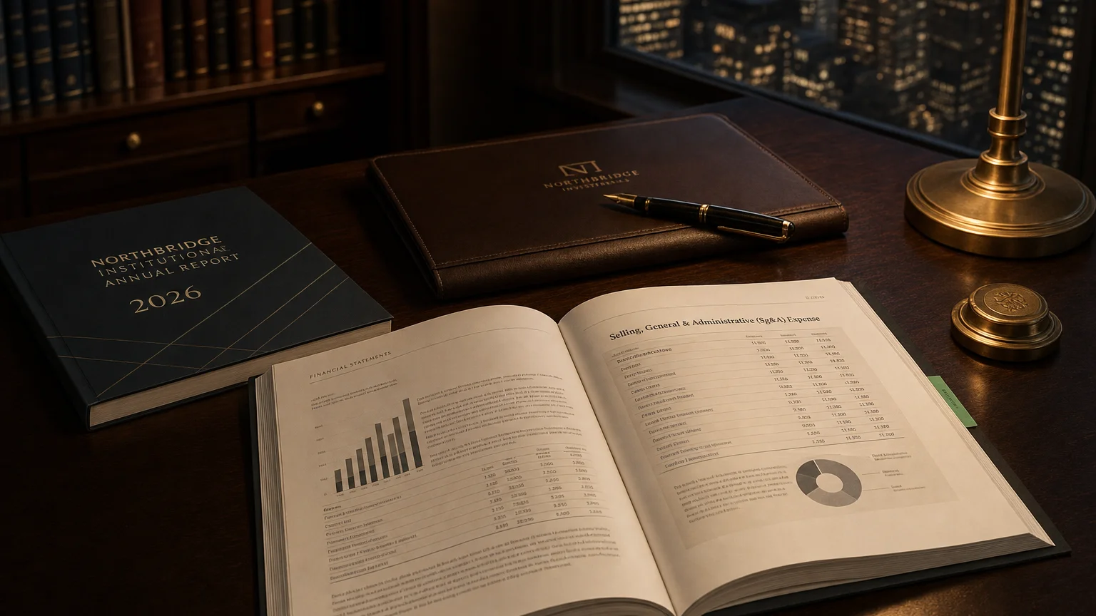 Corporate ledger or annual-report booklet open to the selling, general & administrative (sg&a) expense chapter on a wooden desk.