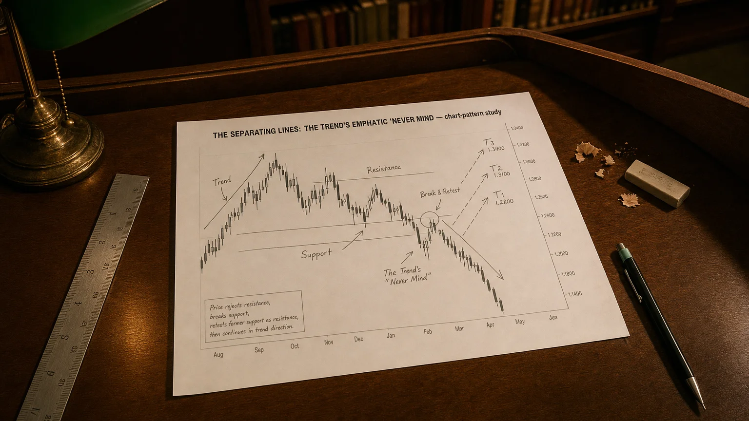 Printed candlestick chart annotated with hand-drawn the separating lines: the trend's emphatic 'never mind pattern markers on an analyst desk.