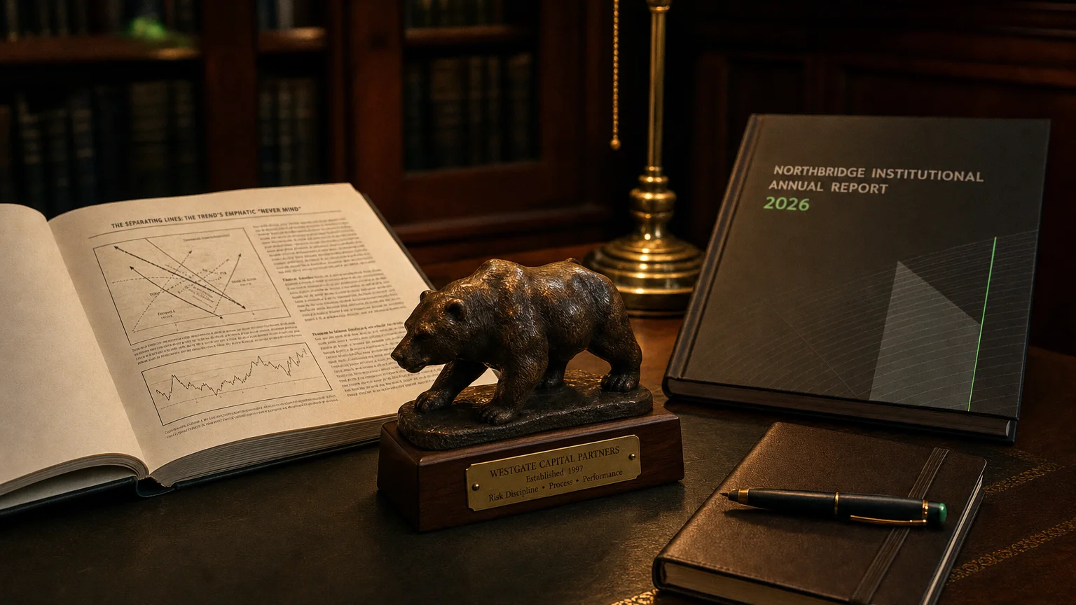 Trading-desk artifact representing the separating lines: the trend's emphatic 'never mind — textbook page and bull-or-bear desk sculpture.