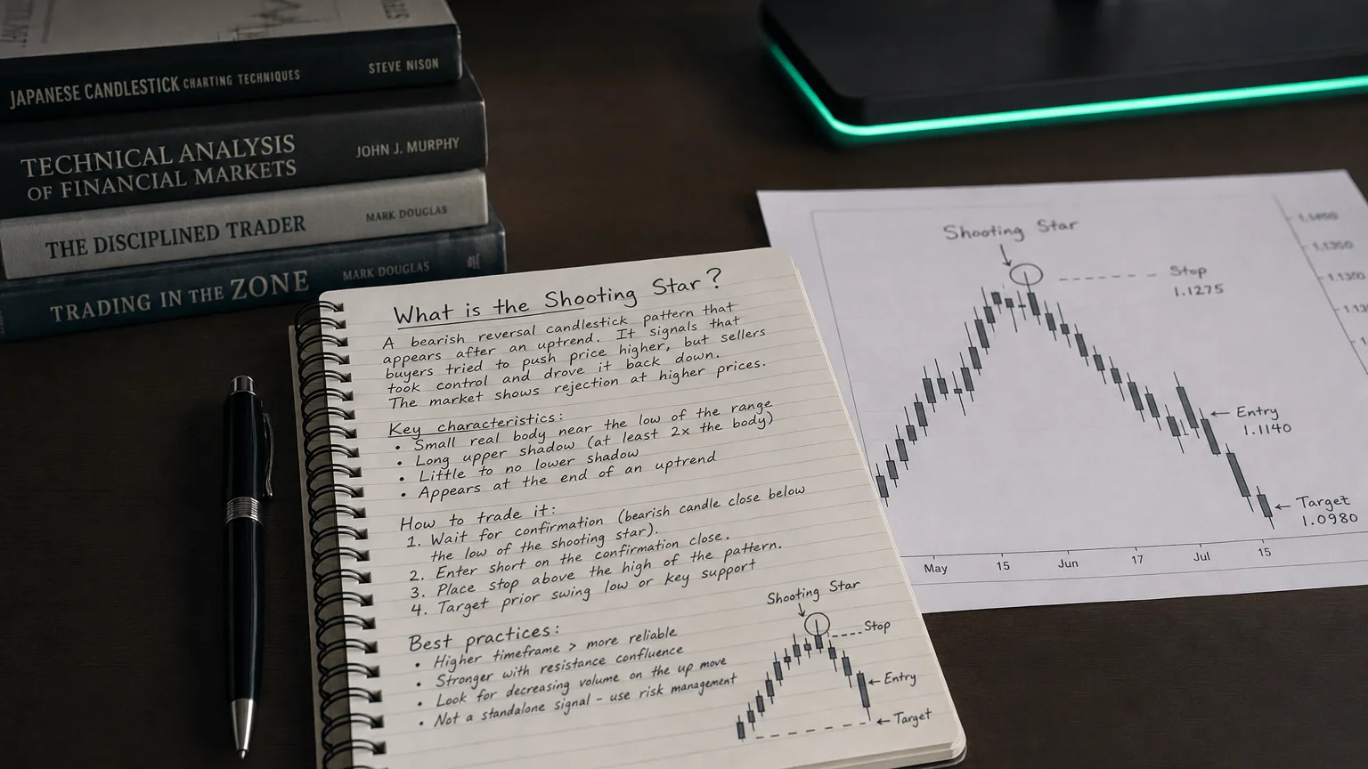 the shooting star: a bearish signal from the peak — editorial hero illustration