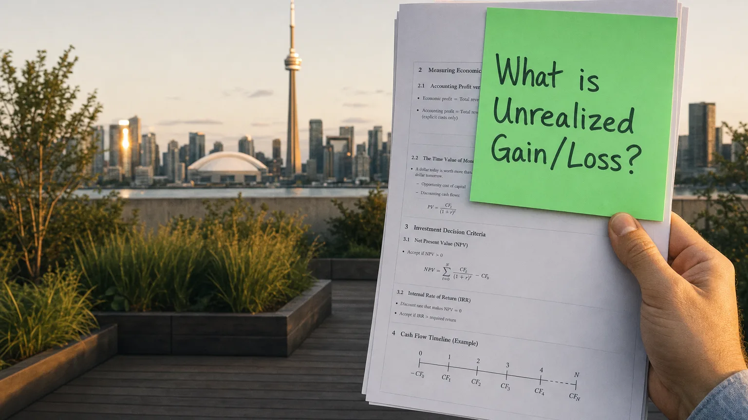unrealized gain loss — editorial hero illustration