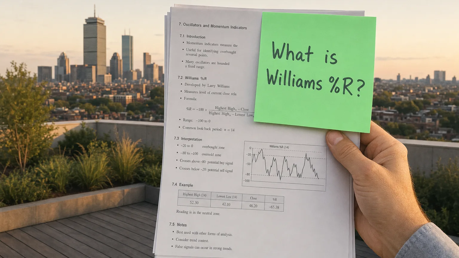 williams percent range (%r) — editorial hero illustration